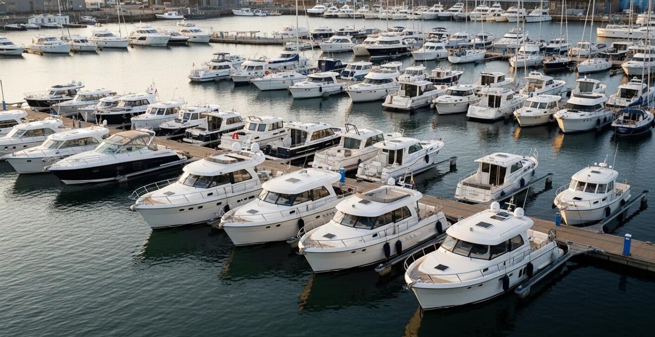 Vue aérienne colorée montrant divers types de bateaux à moteur, cabines et voiliers dans un chantier naval moderne en pleine activité