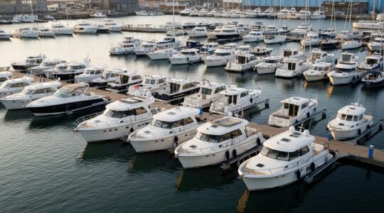 Vue aérienne colorée montrant divers types de bateaux à moteur, cabines et voiliers dans un chantier naval moderne en pleine activité