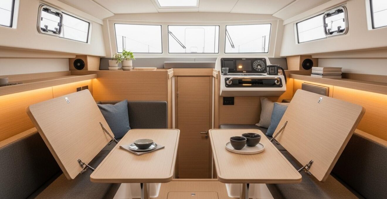 Intérieur de bateau minimaliste avec éléments intégrés multifonctions et lumière naturelle