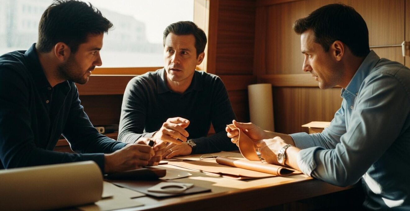 Scène de collaboration entre un propriétaire de yacht et des artisans ébénistes et selliers dans un atelier de luxe