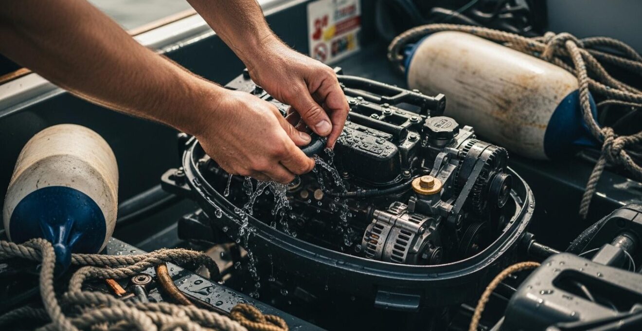 Illustration montrant un plaisancier rincant minutieusement le moteur marin à l'eau douce et appliquant un produit antirouille