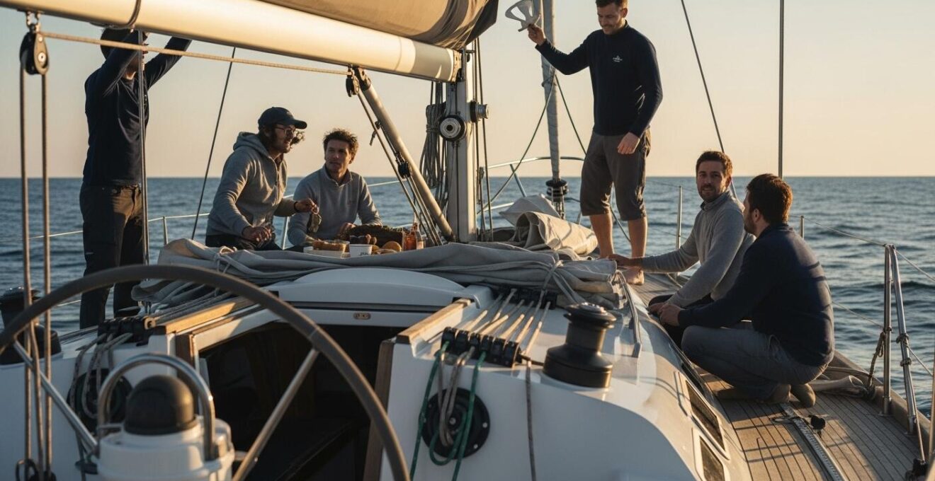 Vue d'ensemble d'un équipage en harmonie à bord d'un bateau, illustrant la proximité et la liberté de la vie nautique