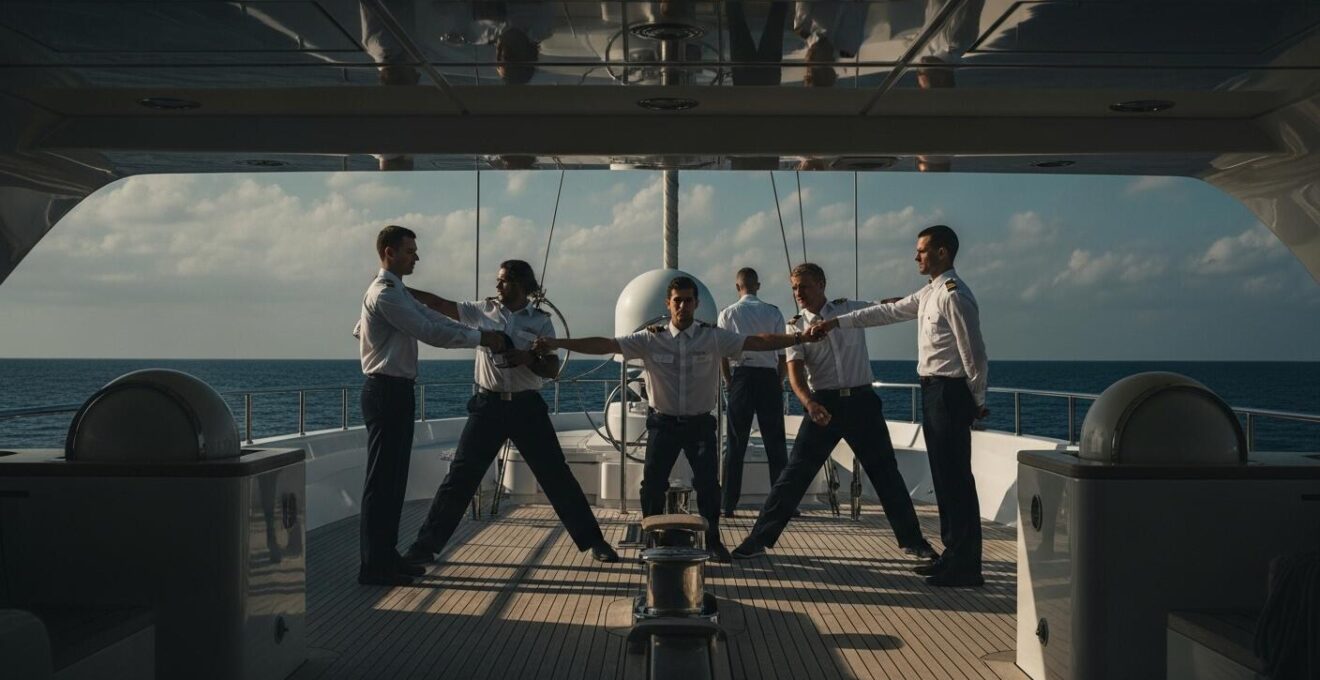 Équipage de yacht professionnel en formation avec uniforme élégant dans un décor maritime, symbolisant la compétence et la discipline.