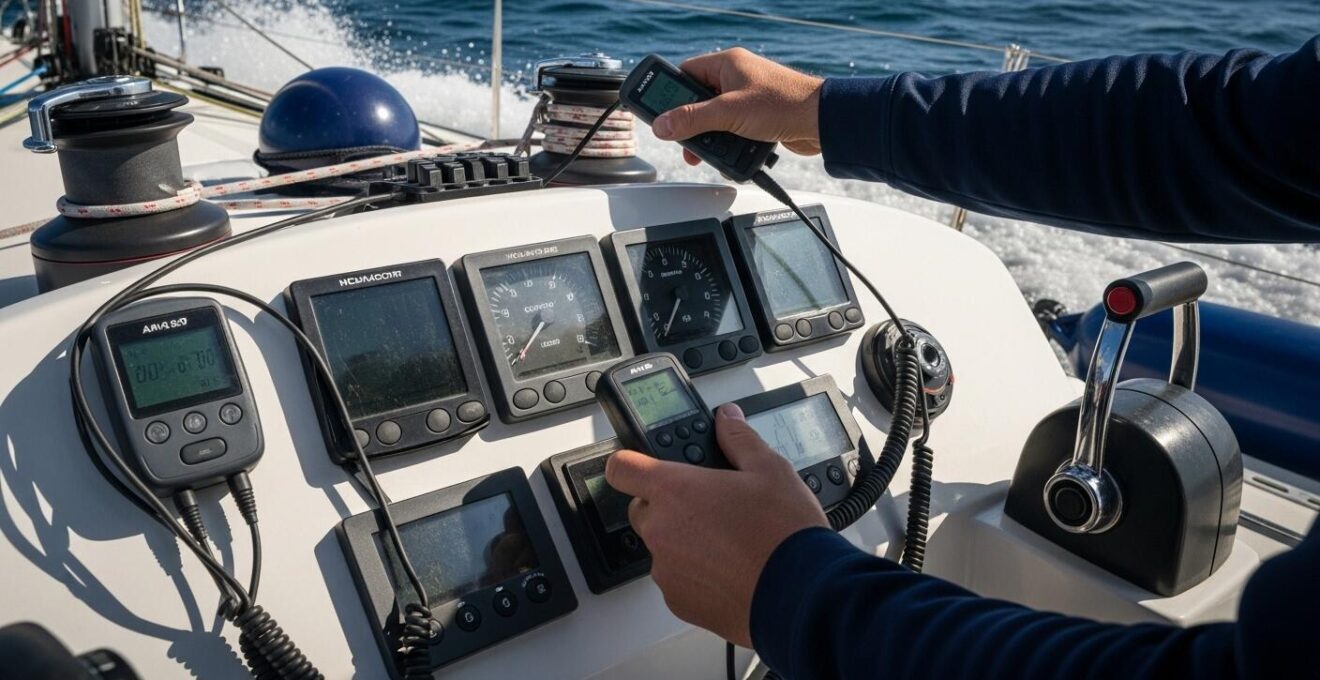 Photographie réaliste d’un plaisancier en pleine manœuvre de test d’un bateau en mer avec plusieurs éléments techniques visibles (appareils électriques, voiles, moteur)