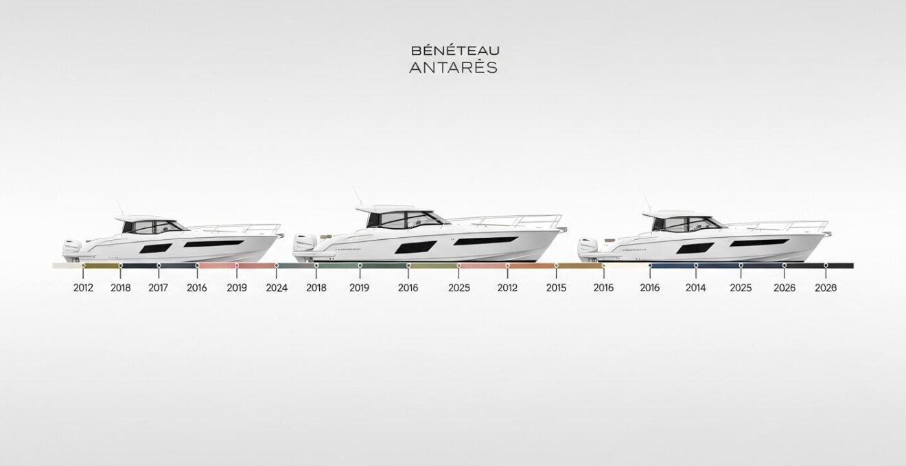 Illustration montrant l'évolution graphique des modèles Bénéteau Antarès depuis 2017 à 2025