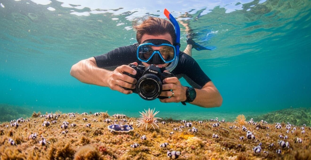 Plongeur en snorkeling équipé d'un appareil photo macro, observant attentivement des créatures microscopiques sur un rocher.