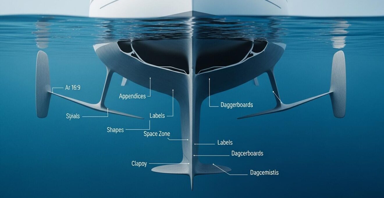 Vue détaillée en coupe des appendices sous une coque de bateau montrant quille, safran et dérives
