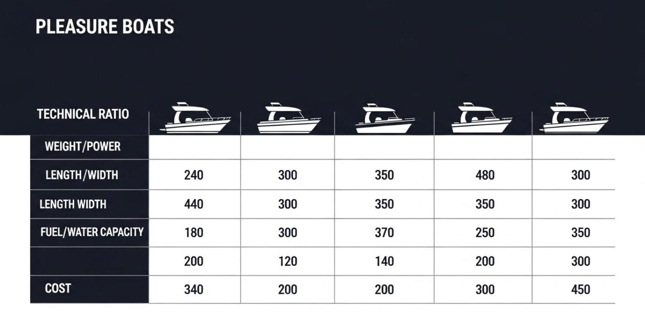 Diagramme clair présentant une grille de notation technique et financière pour la comparaison de modèles de bateaux de plaisance