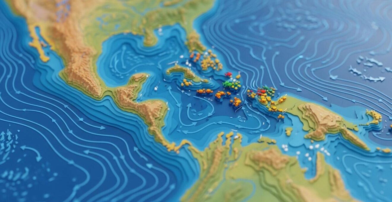 Carte marine détaillée avec superposition bathymétrie et zones de pêche, vue éclatée valorisant les fonds et la faune marine