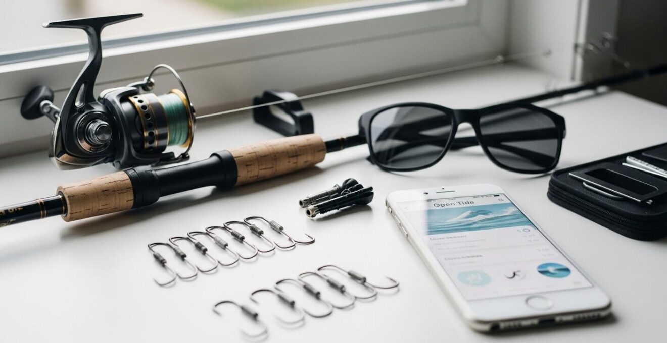 Photo réaliste d’un kit de pêche côtière complet pour débutant couvrant canne, moulinet, hameçons écologiques, lunettes polarisantes et technologie mobile