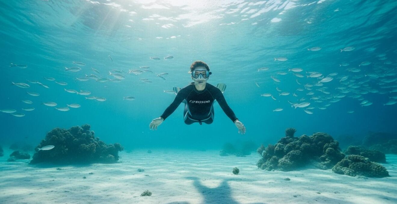 Plongeur flottant en apesanteur dans une eau turquoise, observant un banc de poissons sans les effrayer, lumière naturelle filtrée depuis la surface.