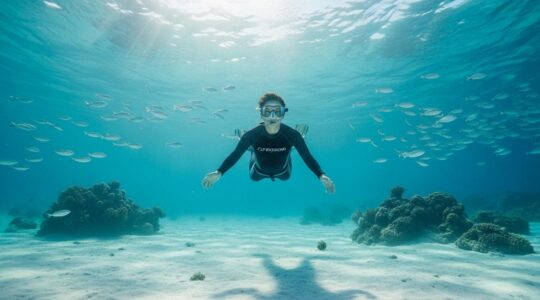 Plongeur flottant en apesanteur dans une eau turquoise, observant un banc de poissons sans les effrayer, lumière naturelle filtrée depuis la surface.