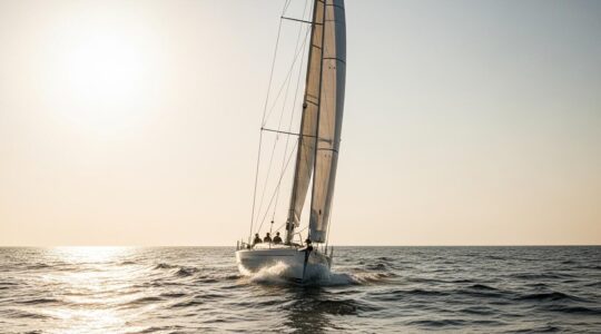 Un voilier en pleine mer avec un mât élancé, des voiles parfaitement tendues captant le vent, symbolisant l'harmonie entre le réglage du gréement et les éléments naturels.