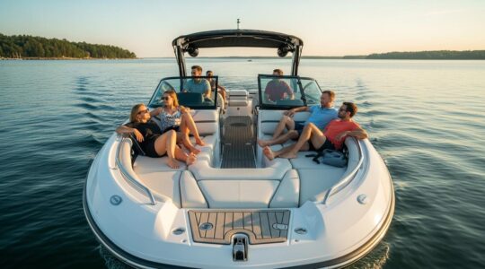 Photo d'un bowrider équipé pour une journée en mer d'été, avec des passagers profitant du soleil, de la vue dégagée et d'un espace lounge à l'avant.