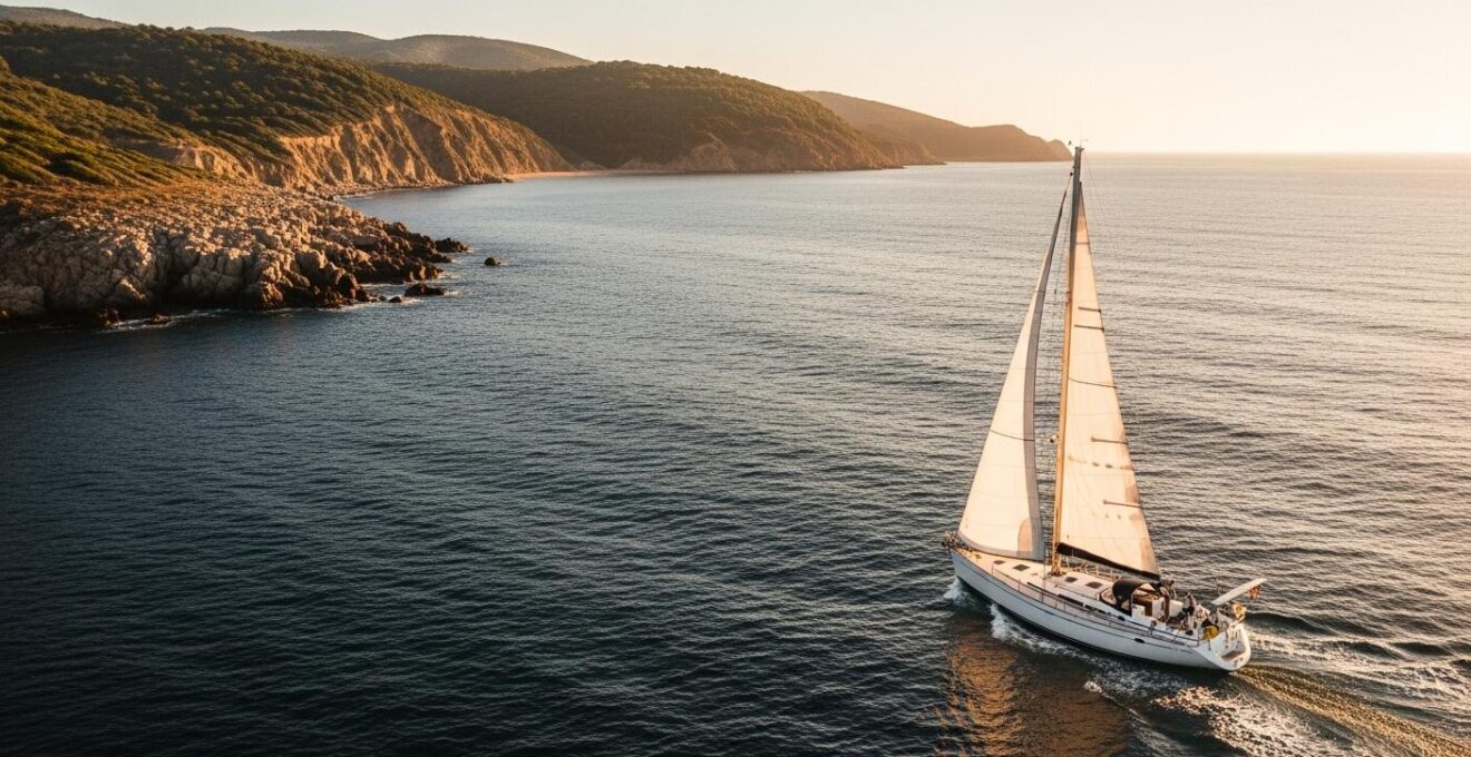 Un voilier navigue près d'une côte rocheuse au coucher du soleil, illustrant l'art de la navigation côtière.