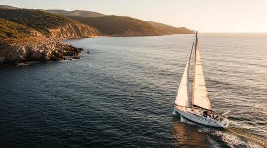 Un voilier navigue près d'une côte rocheuse au coucher du soleil, illustrant l'art de la navigation côtière.
