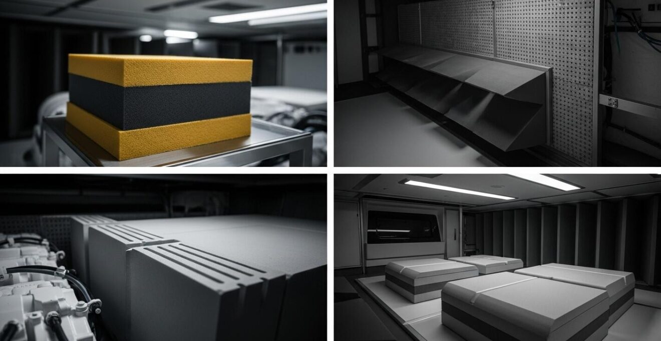 Détail technique montrant les matériaux insonorisants et silent blocks dans une salle des machines d'un yacht de luxe