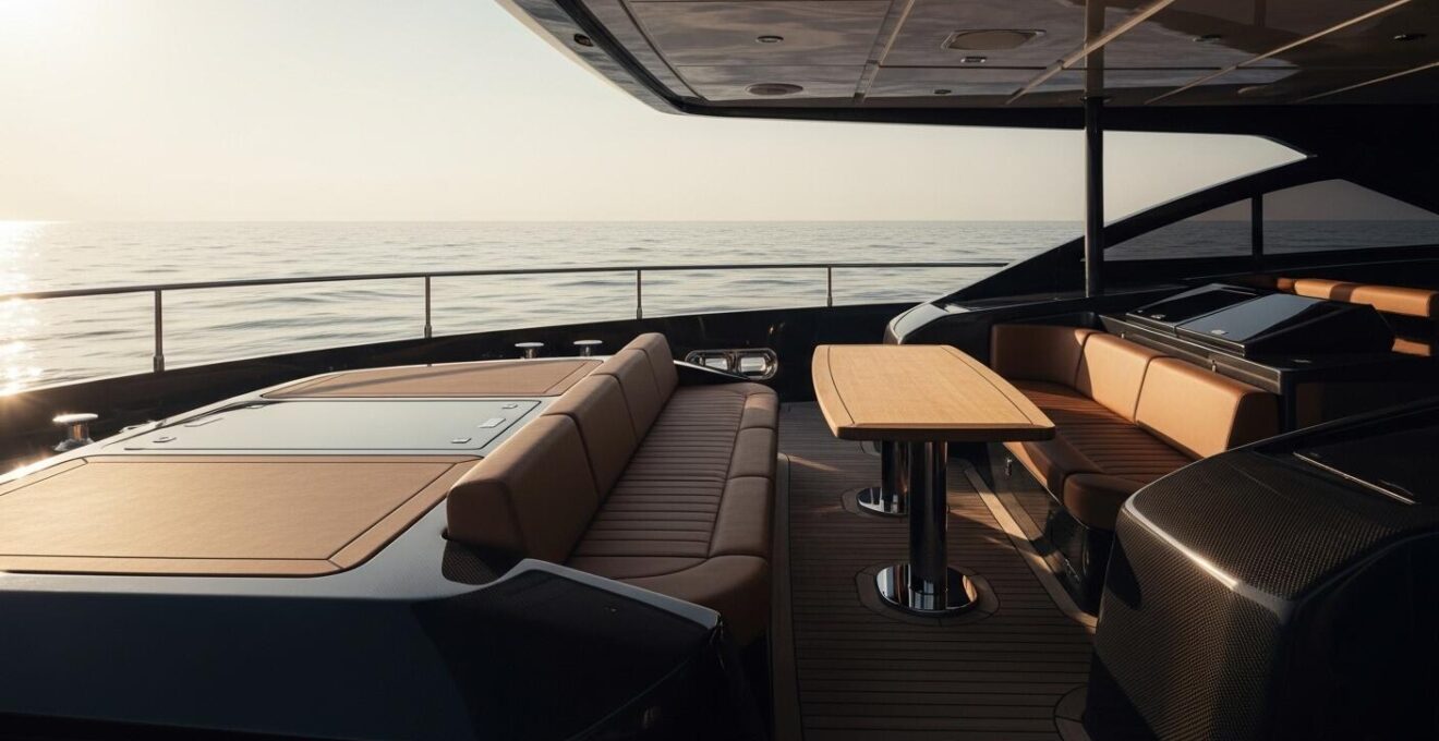 Vue panoramique d'un yacht de luxe en mer avec une ambiance raffinée et élégante illustrant le confort discret à bord