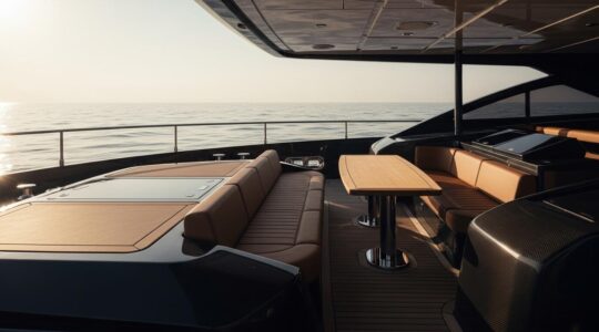 Vue panoramique d'un yacht de luxe en mer avec une ambiance raffinée et élégante illustrant le confort discret à bord