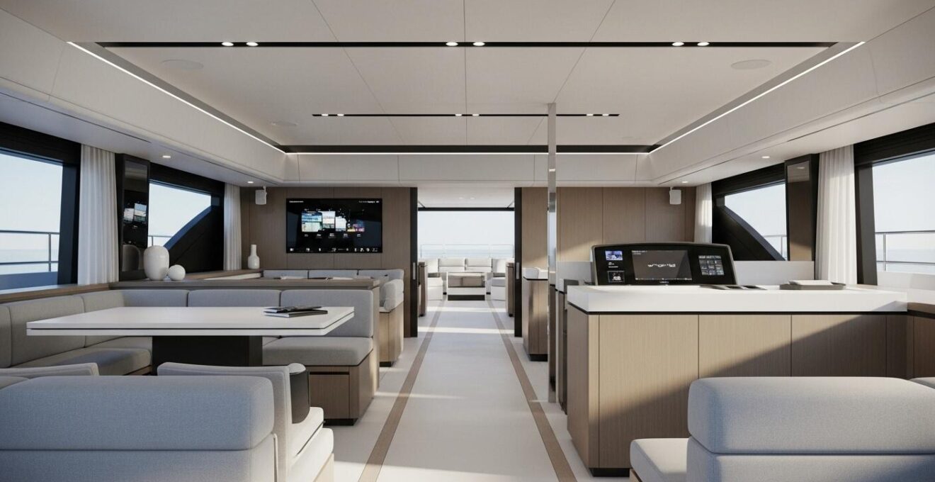 Intérieur moderne et épuré d’un yacht de luxe mettant en avant un aménagement discret et connecté favorisant bien-être et espace fluide.