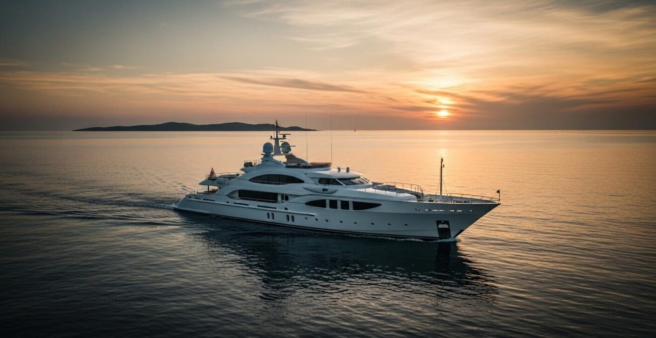Un yacht de luxe majestueux naviguant sur une mer calme au coucher du soleil, avec une île en arrière-plan et une ambiance d'excellence maritime.