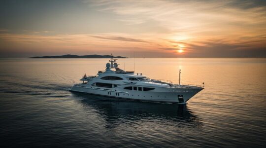 Un yacht de luxe majestueux naviguant sur une mer calme au coucher du soleil, avec une île en arrière-plan et une ambiance d'excellence maritime.