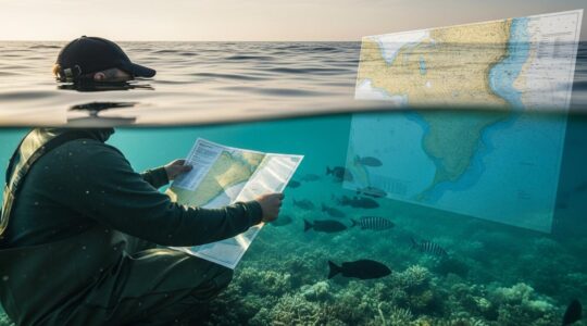 Illustration représentant un pêcheur en bord de mer utilisant une carte marine avec un fond marin détaillé et des poissons visibles sous l'eau