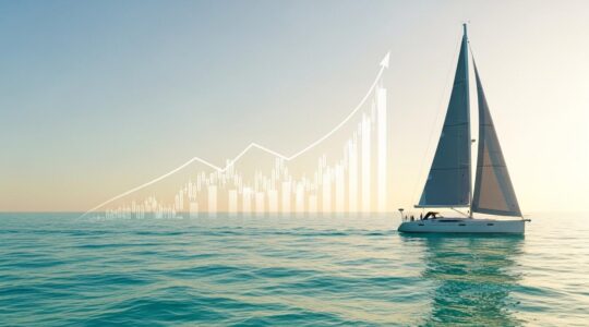 Illustration représentant un bateau naviguant sur une mer calme avec un graphique financier en arrière-plan, symbolisant l'optimisation budgétaire.