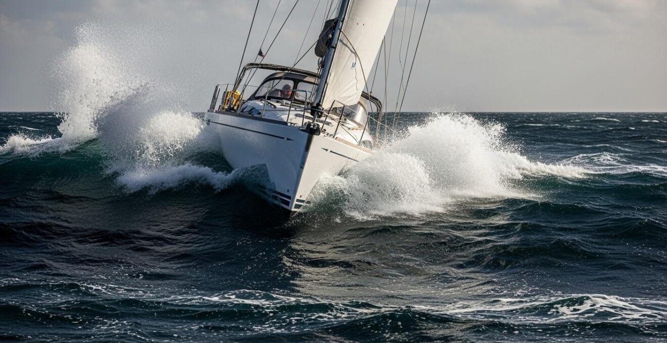 Voilier en mer agitée avec gîte visible et mise en valeur du tirant d'eau dynamique