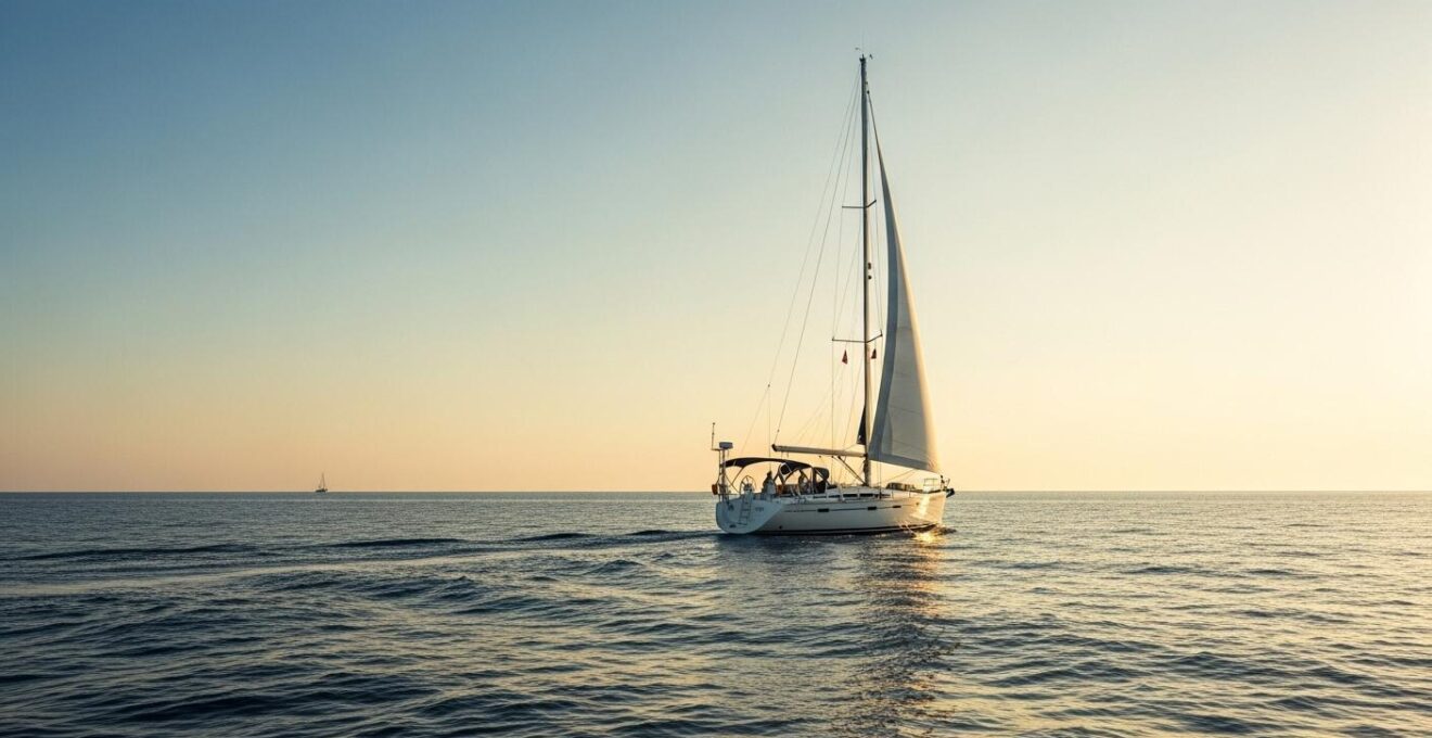 Une photo réaliste d'un voilier naviguant sur une mer calme au coucher du soleil, symbolisant la liberté et la lenteur.