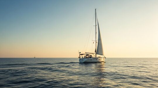 Une photo réaliste d'un voilier naviguant sur une mer calme au coucher du soleil, symbolisant la liberté et la lenteur.
