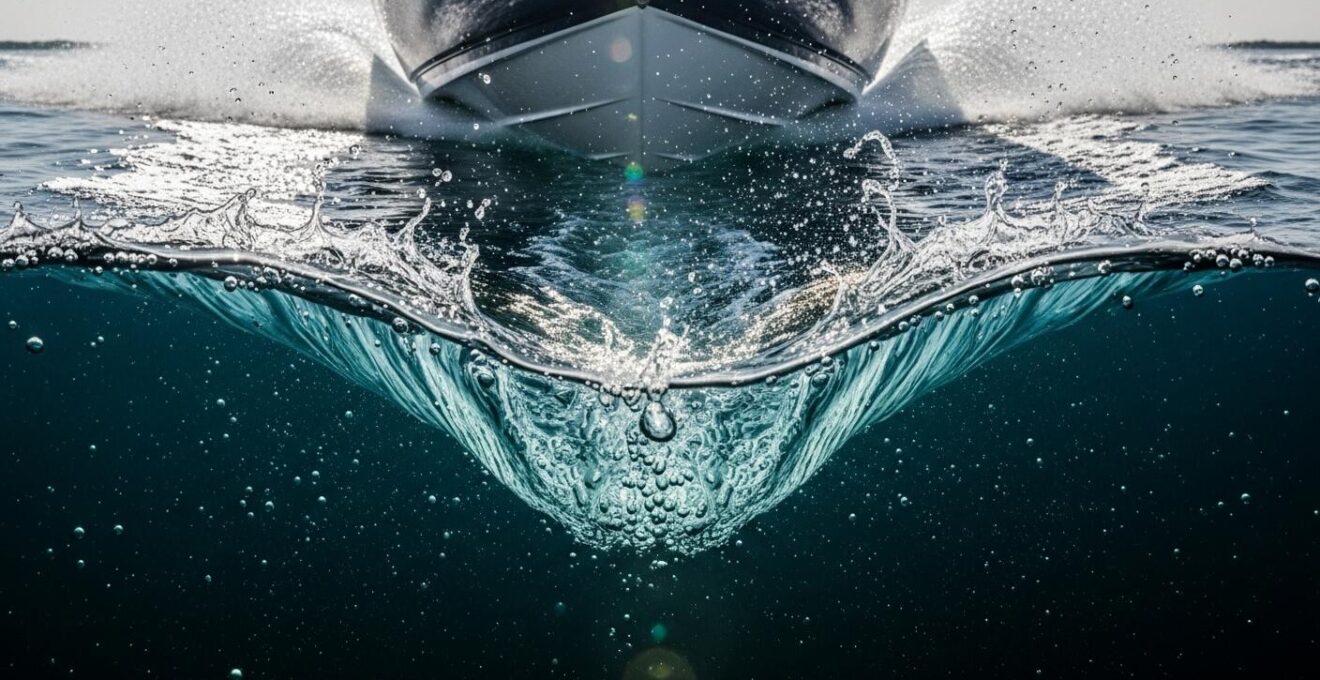 Schéma illustrant la création de sillage par une carène en V d'un bowrider, avec répartitions de poids et équipements wakeboard.