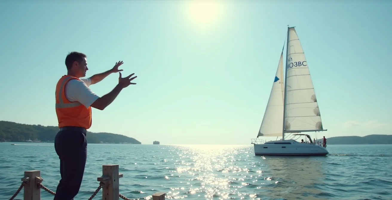 Agent portuaire guidant un bateau lors d'une manœuvre délicate