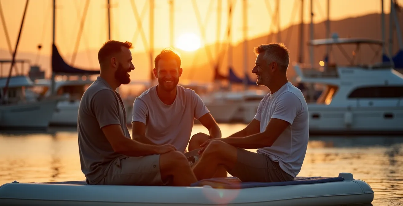 Plaisanciers discutant amicalement sur un ponton au coucher du soleil