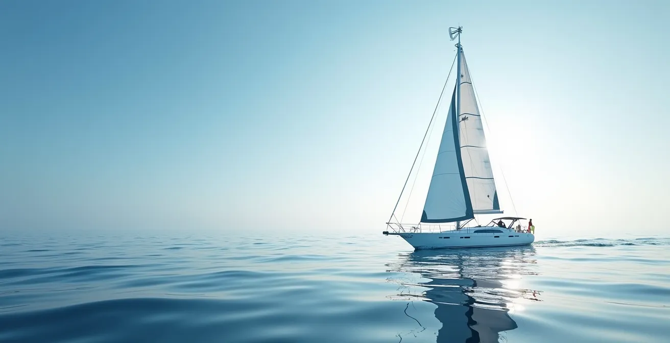 Vue latérale d'un voilier montrant l'antenne VHF en tête de mât avec représentation schématique de la courbure terrestre