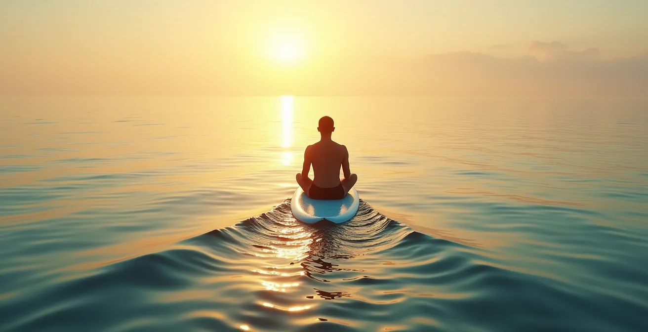 Surfeur assis sur sa planche contemplant l'horizon calme avec lumière dorée du coucher de soleil