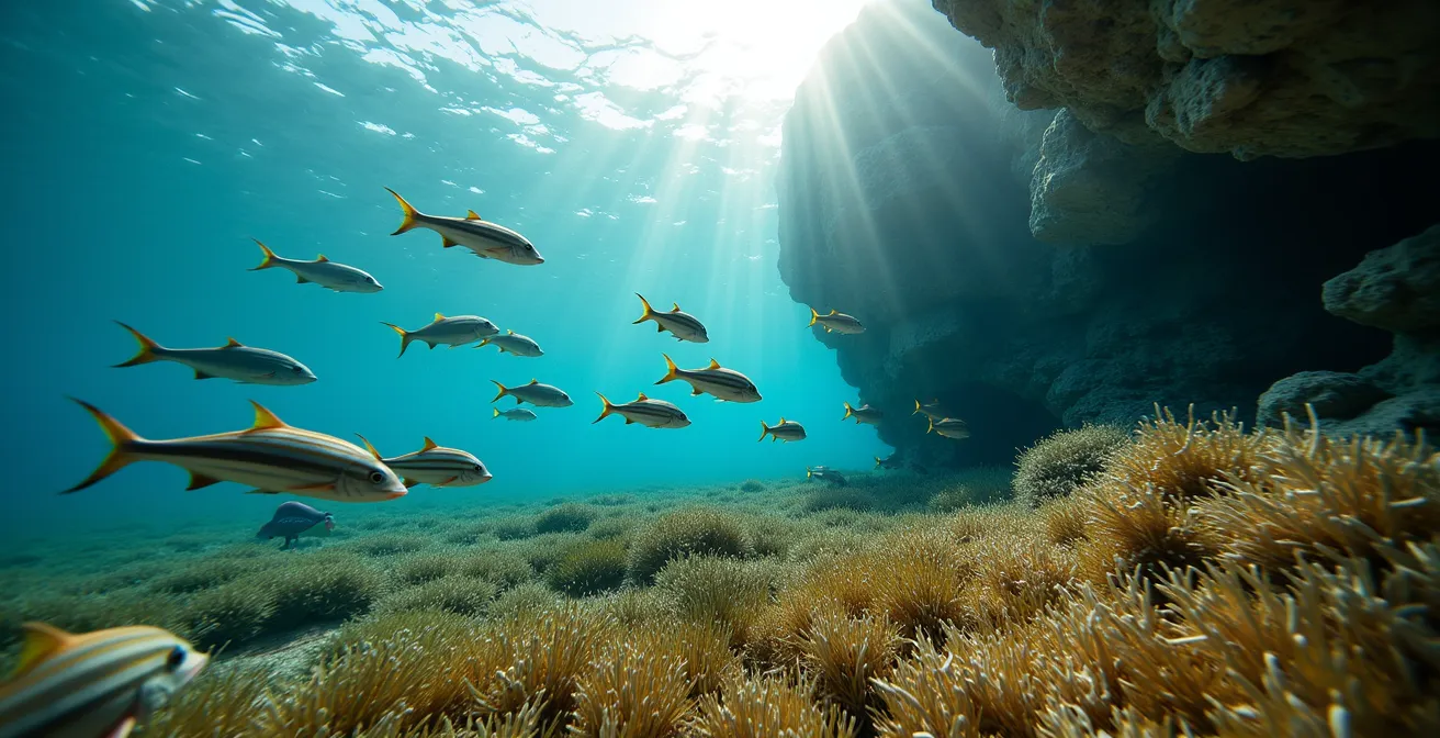Banc de saupes rayées jaune et argent nageant au-dessus d'un herbier de posidonie