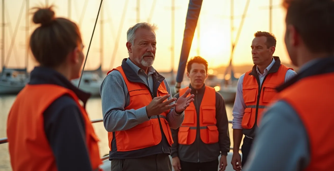 Skipper expliquant les consignes de sécurité à son équipage sur le pont
