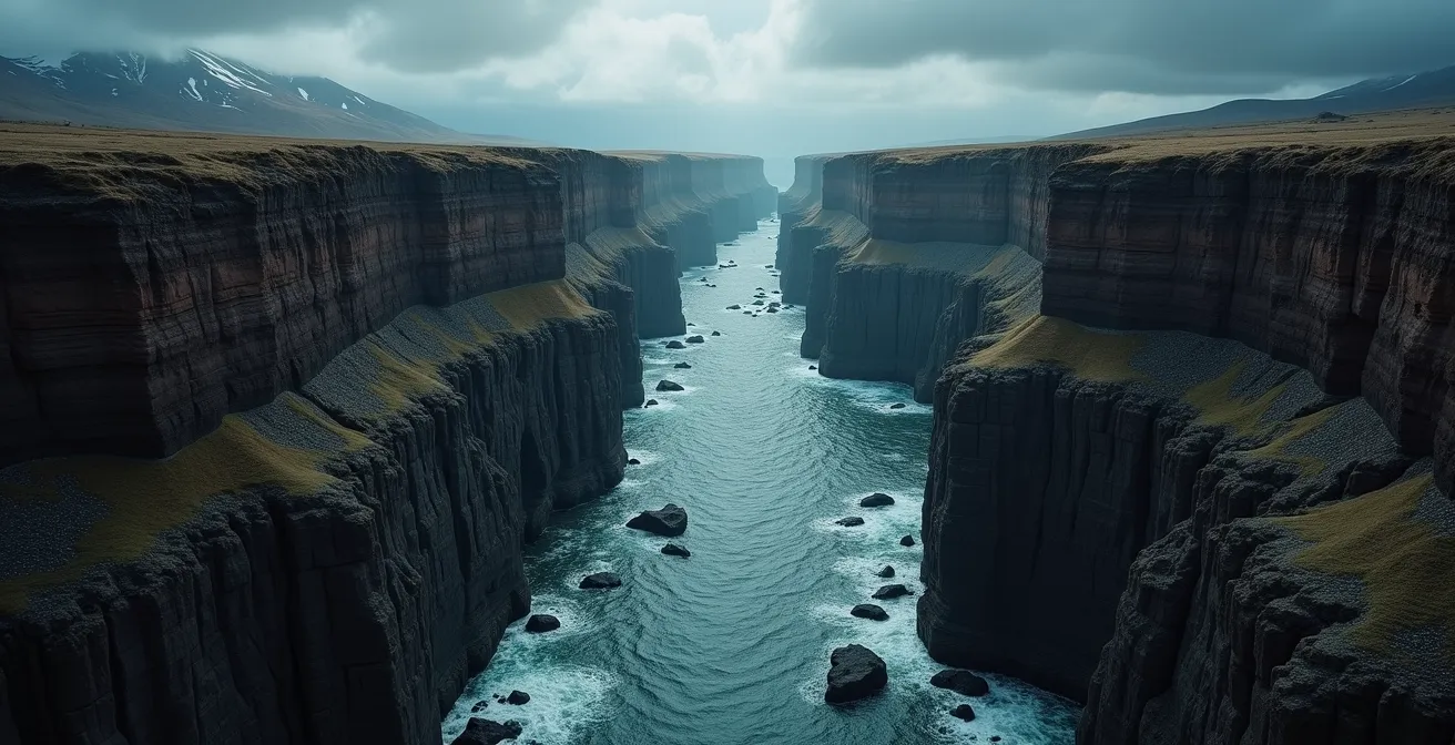 Vue plongeante d'un canyon montrant les trois dangers principaux : débit d'eau, météo orageuse et verticalité