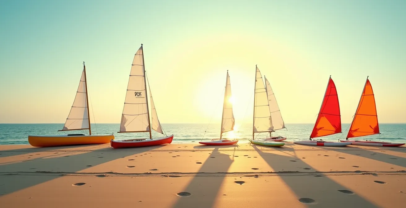 Différents supports nautiques alignés sur une plage de sable