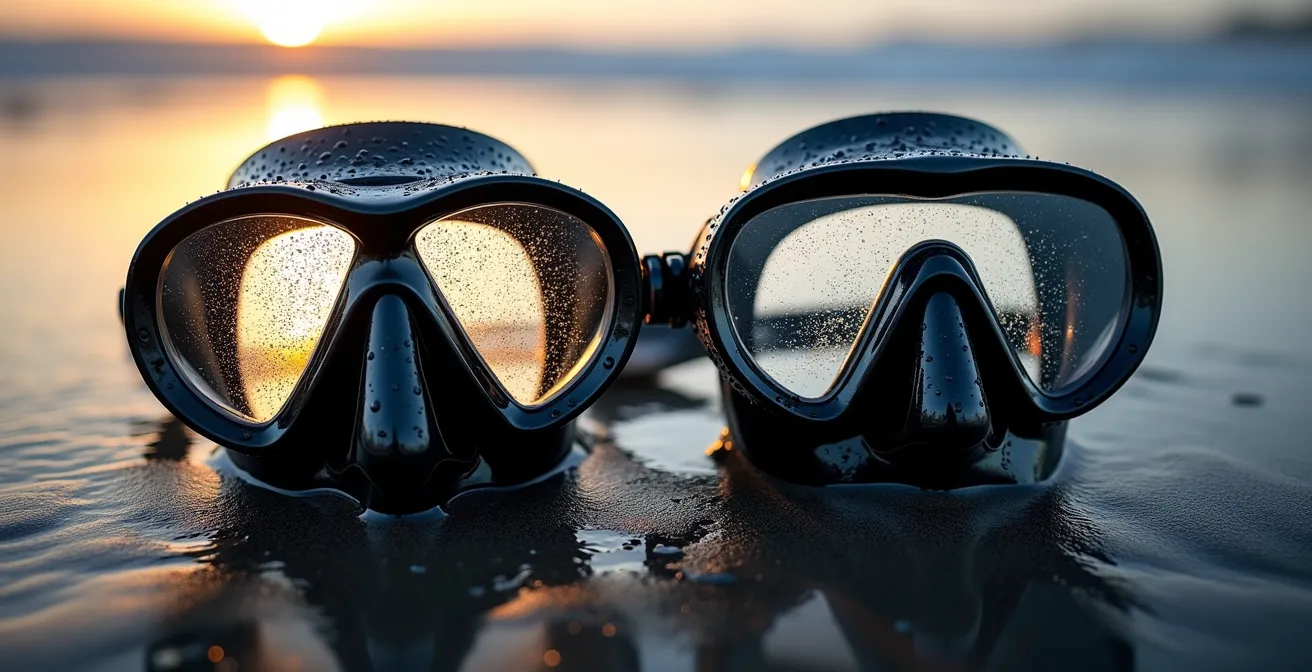 Vue en coupe montrant les flux d'air dans deux types de masques de plongée