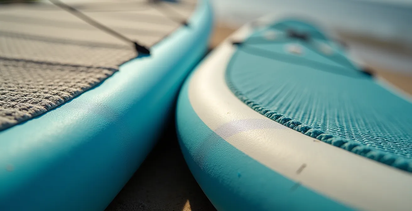 Deux planches de paddle côte à côte sur une plage, montrant les différences de construction