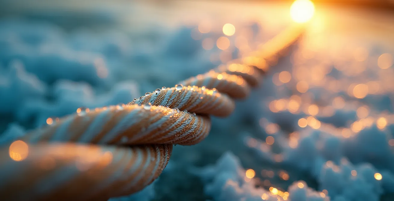 Vue macro sur une corde de ski nautique tendue avec gouttelettes d'eau