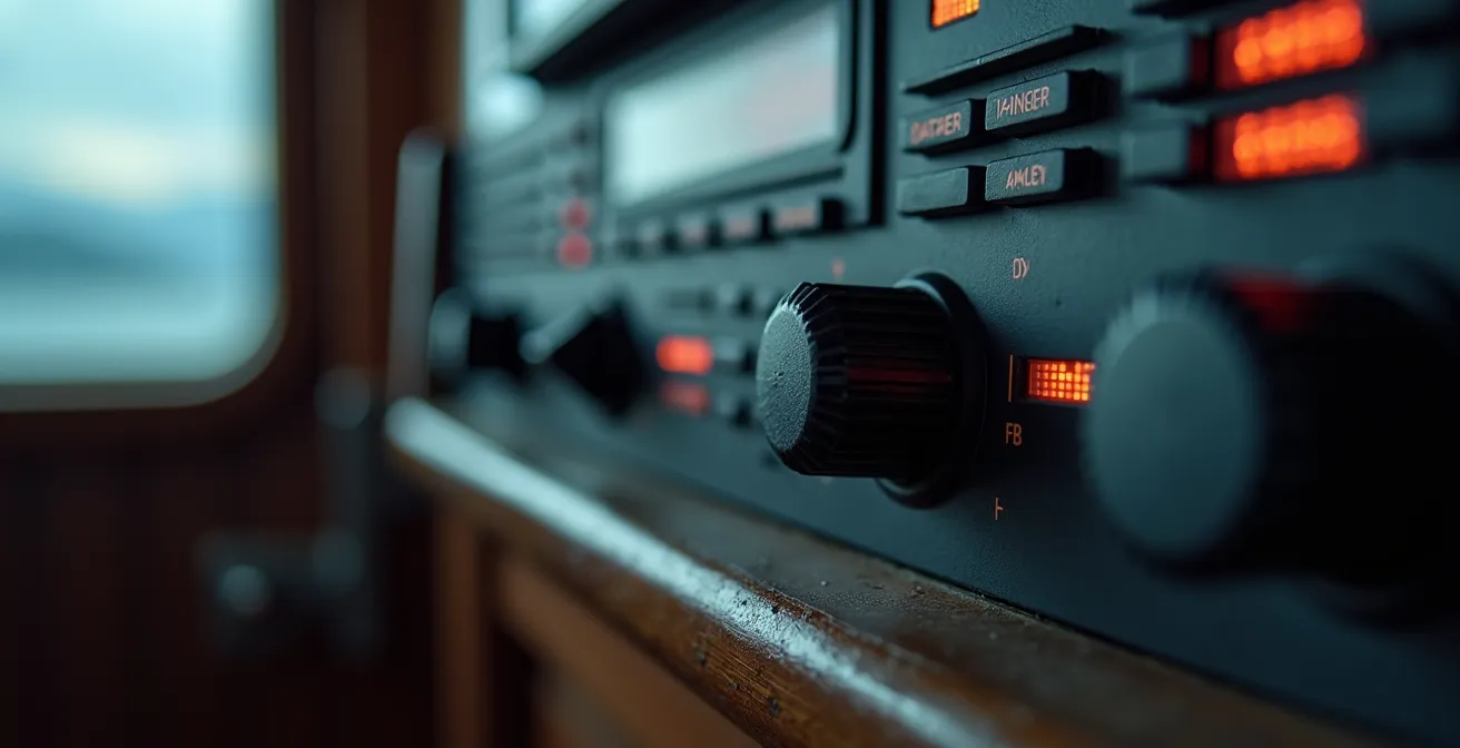 Radio VHF marine montrant la fonction double veille avec le canal 16 actif