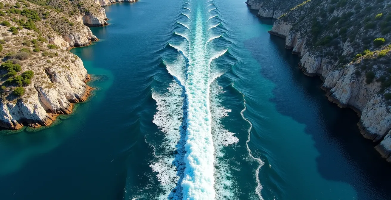 Vue aérienne d'un détroit entre deux îles montrant l'accélération du vent