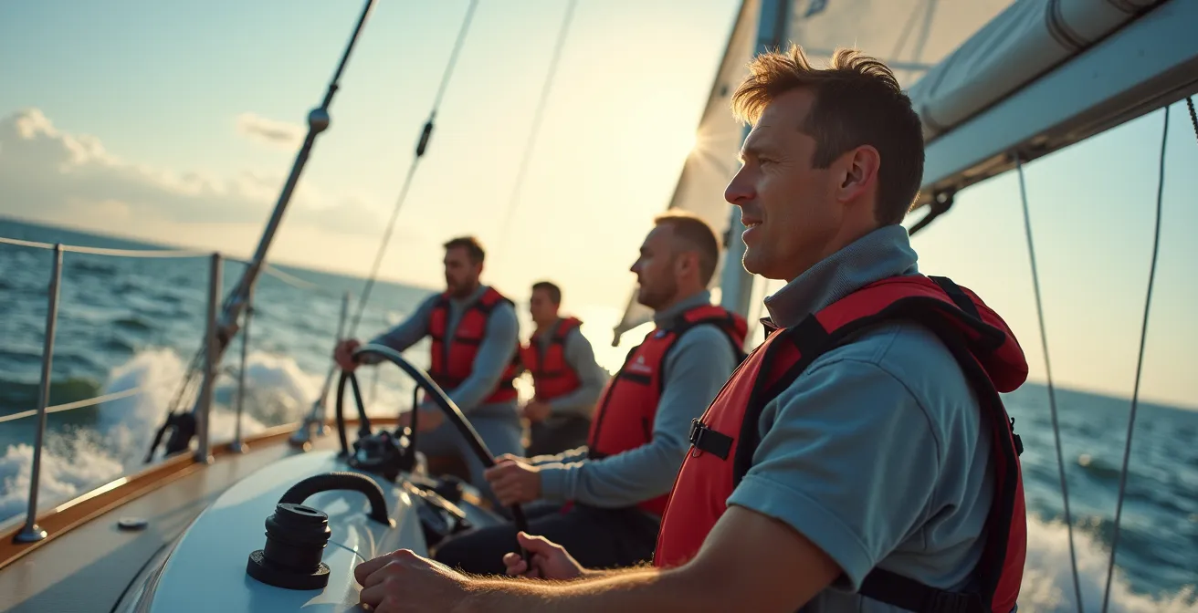 Équipage coordonné effectuant un virement de bord sur voilier de croisière