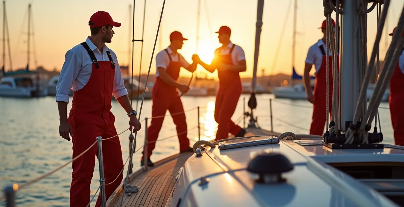 Équipage coordonné effectuant une manœuvre au port dans la lumière dorée