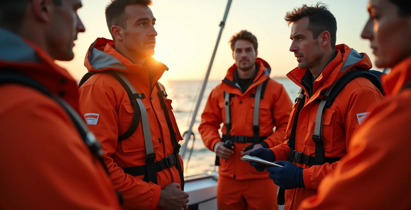 Équipage en gilets de sauvetage lors d'un briefing sécurité sur le pont d'un voilier