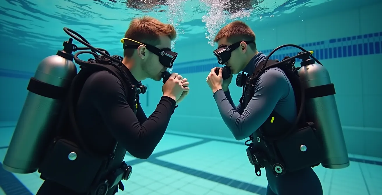 Plongeur effectuant l'exercice de vidage de masque en piscine avec moniteur
