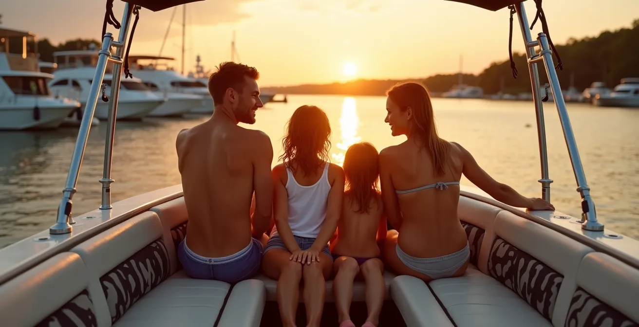 Famille souriante discutant sur l'avant spacieux d'un bowrider après une session